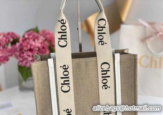 Top Quality Chloe Medium Woody Tote Bag in Linen Canvas and Calfskin Leather 1120 Light Green 2025