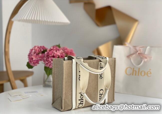 Top Quality Chloe Medium Woody Tote Bag in Linen Canvas and Calfskin Leather 1120 Light Green 2025