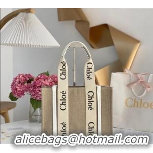 Big Discount Chloe Medium Woody Tote Bag in Linen Canvas and Calfskin Leather 1120 White 2025