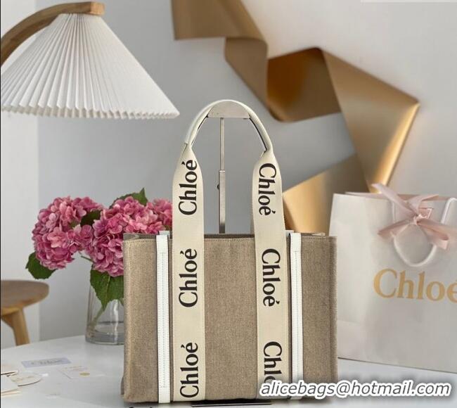 Big Discount Chloe Medium Woody Tote Bag in Linen Canvas and Calfskin Leather 1120 White 2025