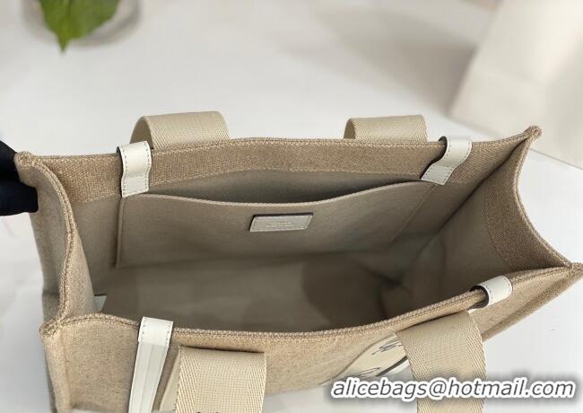 Big Discount Chloe Medium Woody Tote Bag in Linen Canvas and Calfskin Leather 1120 White 2025