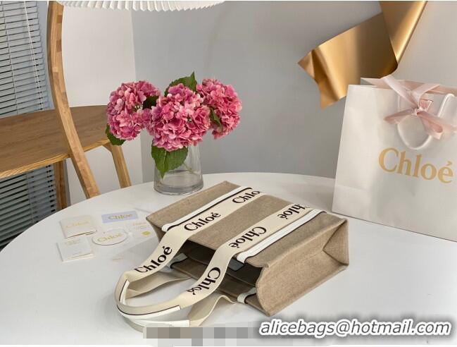 Big Discount Chloe Medium Woody Tote Bag in Linen Canvas and Calfskin Leather 1120 White 2025