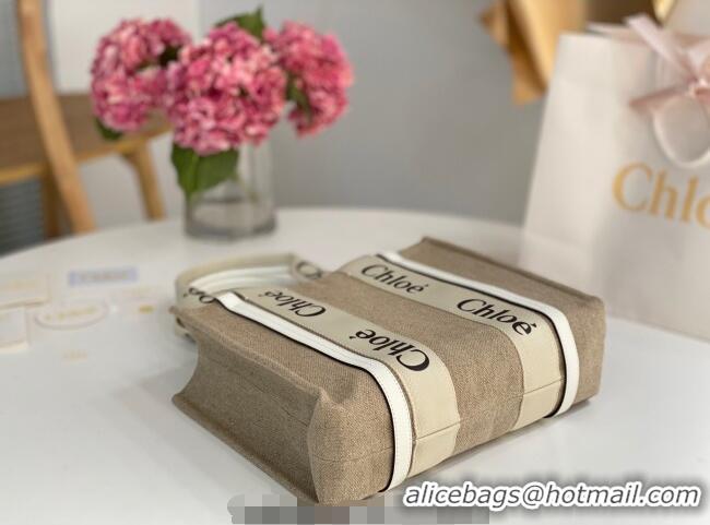 Big Discount Chloe Medium Woody Tote Bag in Linen Canvas and Calfskin Leather 1120 White 2025