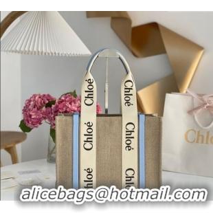 Famous Brand Chloe Medium Woody Tote Bag in Linen Canvas and Calfskin Leather 1120 Light Blue 2025