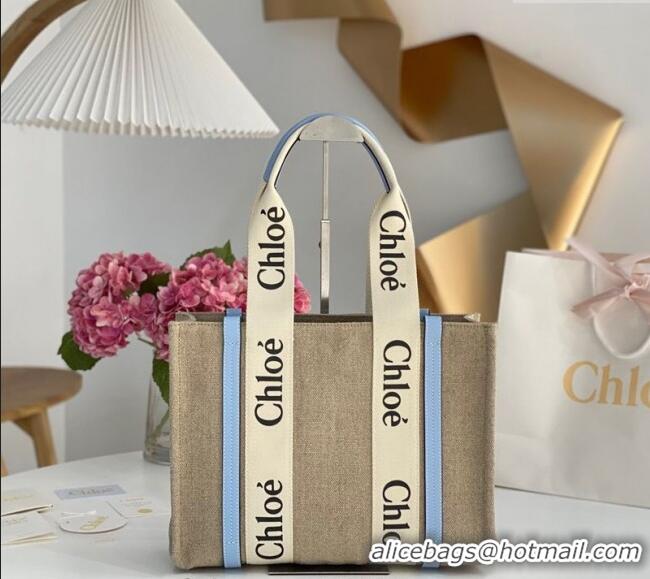 Famous Brand Chloe Medium Woody Tote Bag in Linen Canvas and Calfskin Leather 1120 Light Blue 2025