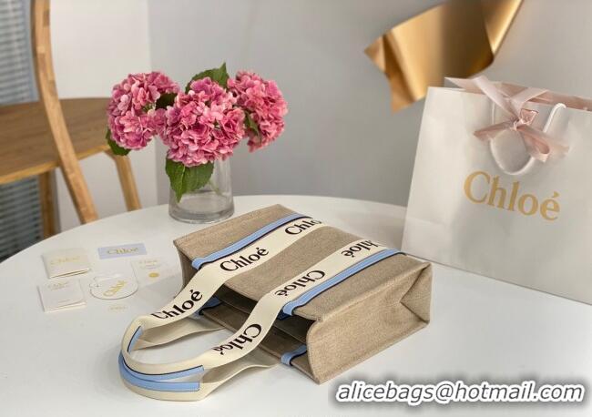 Famous Brand Chloe Medium Woody Tote Bag in Linen Canvas and Calfskin Leather 1120 Light Blue 2025