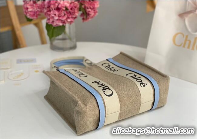 Famous Brand Chloe Medium Woody Tote Bag in Linen Canvas and Calfskin Leather 1120 Light Blue 2025