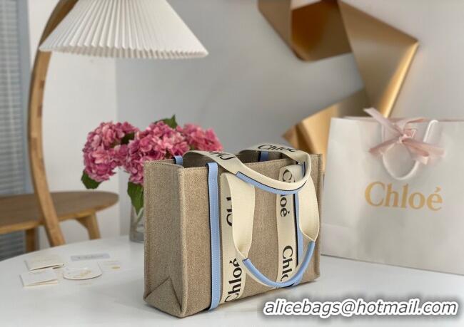 Famous Brand Chloe Medium Woody Tote Bag in Linen Canvas and Calfskin Leather 1120 Light Blue 2025