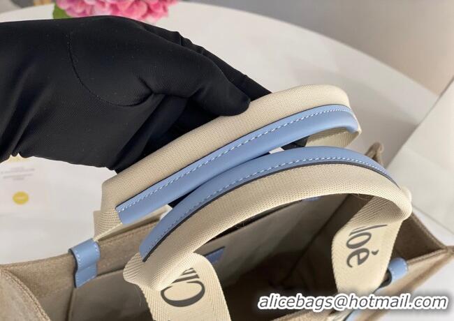 Famous Brand Chloe Medium Woody Tote Bag in Linen Canvas and Calfskin Leather 1120 Light Blue 2025