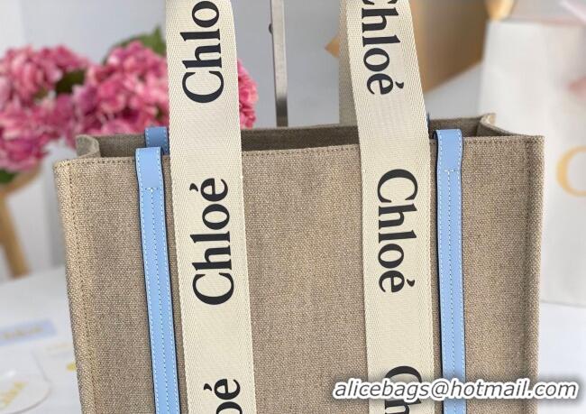 Famous Brand Chloe Medium Woody Tote Bag in Linen Canvas and Calfskin Leather 1120 Light Blue 2025