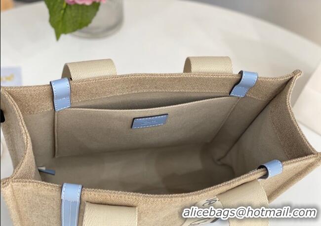 Famous Brand Chloe Medium Woody Tote Bag in Linen Canvas and Calfskin Leather 1120 Light Blue 2025