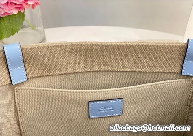 Famous Brand Chloe Medium Woody Tote Bag in Linen Canvas and Calfskin Leather 1120 Light Blue 2025