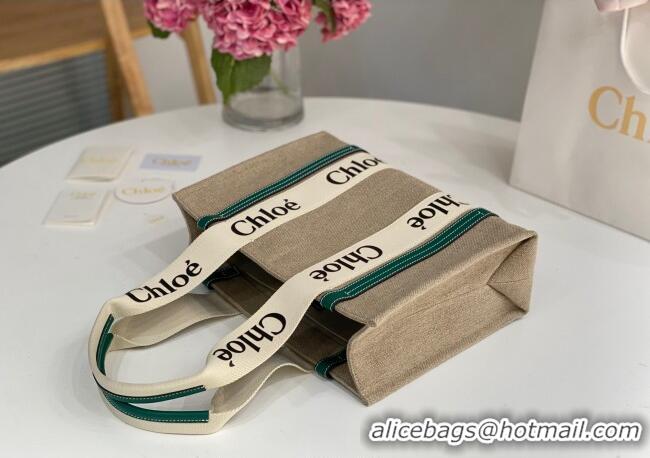 Best Product Chloe Medium Woody Tote Bag in Linen Canvas and Calfskin Leather 1120 Dark Green 2025