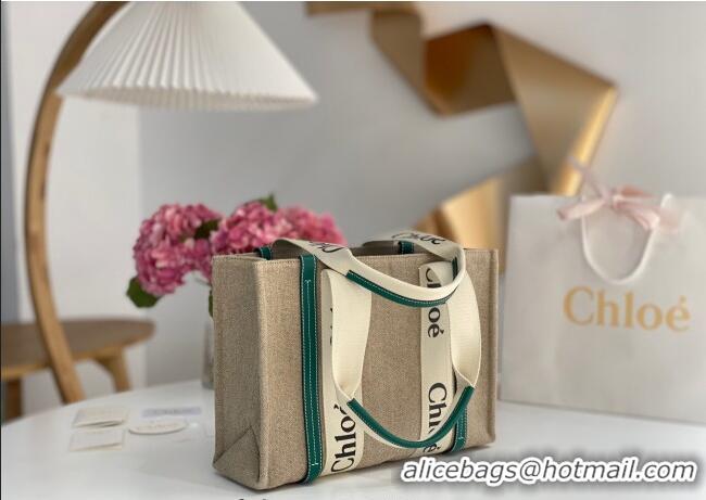 Best Product Chloe Medium Woody Tote Bag in Linen Canvas and Calfskin Leather 1120 Dark Green 2025