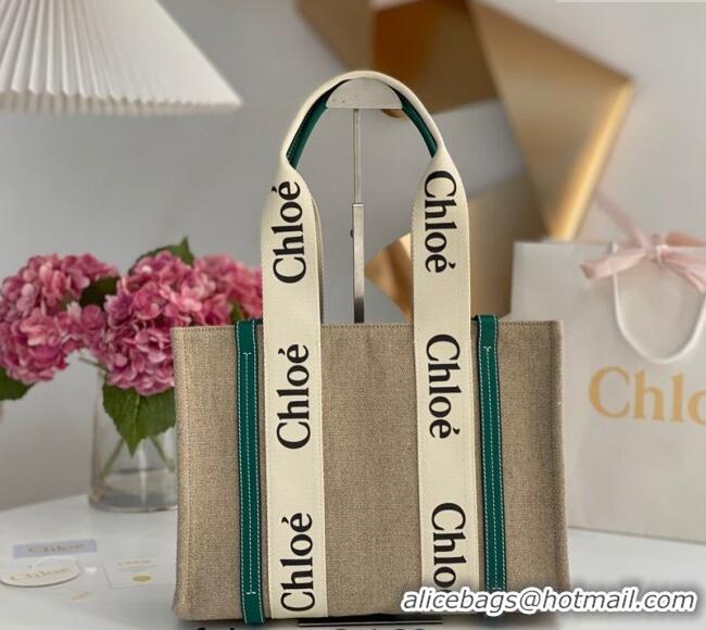Best Product Chloe Medium Woody Tote Bag in Linen Canvas and Calfskin Leather 1120 Dark Green 2025