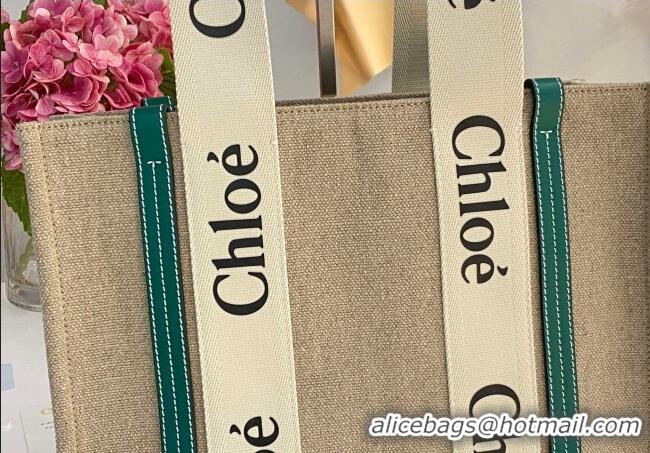 Best Product Chloe Medium Woody Tote Bag in Linen Canvas and Calfskin Leather 1120 Dark Green 2025