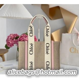 Best Quality Chloe Medium Woody Tote Bag in Linen Canvas and Calfskin Leather 1120 Light Pink 2025