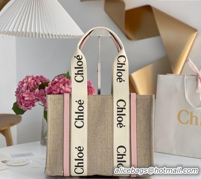 Best Quality Chloe Medium Woody Tote Bag in Linen Canvas and Calfskin Leather 1120 Light Pink 2025