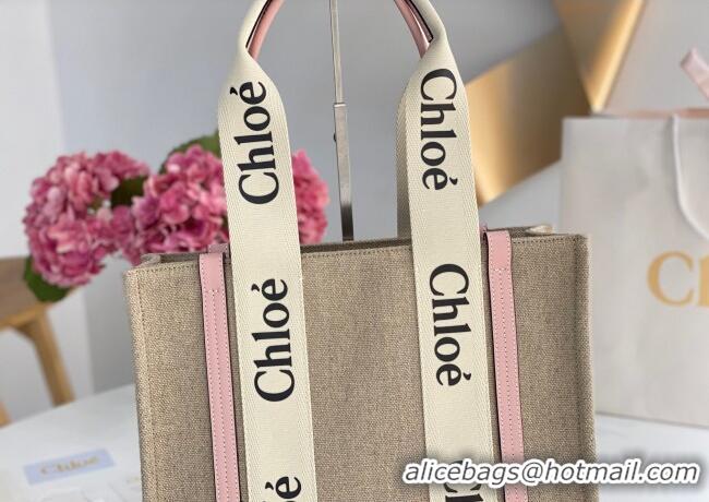 Best Quality Chloe Medium Woody Tote Bag in Linen Canvas and Calfskin Leather 1120 Light Pink 2025