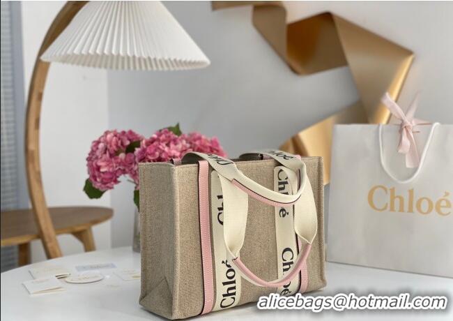 Best Quality Chloe Medium Woody Tote Bag in Linen Canvas and Calfskin Leather 1120 Light Pink 2025