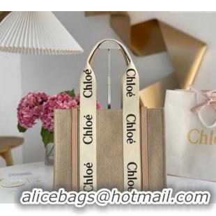 Luxury Cheap Chloe Medium Woody Tote Bag in Linen Canvas and Calfskin Leather 1120 Beige 2025