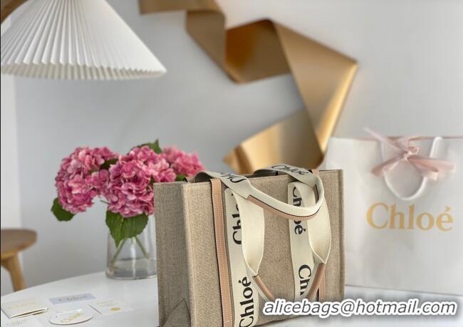 Luxury Cheap Chloe Medium Woody Tote Bag in Linen Canvas and Calfskin Leather 1120 Beige 2025