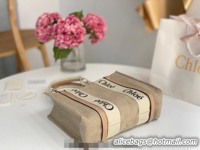 Luxury Cheap Chloe Medium Woody Tote Bag in Linen Canvas and Calfskin Leather 1120 Beige 2025