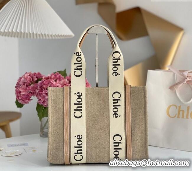 Luxury Cheap Chloe Medium Woody Tote Bag in Linen Canvas and Calfskin Leather 1120 Beige 2025