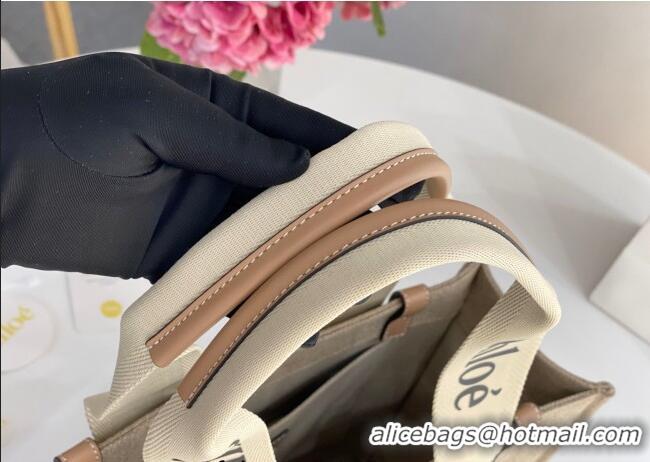 Luxury Cheap Chloe Medium Woody Tote Bag in Linen Canvas and Calfskin Leather 1120 Beige 2025