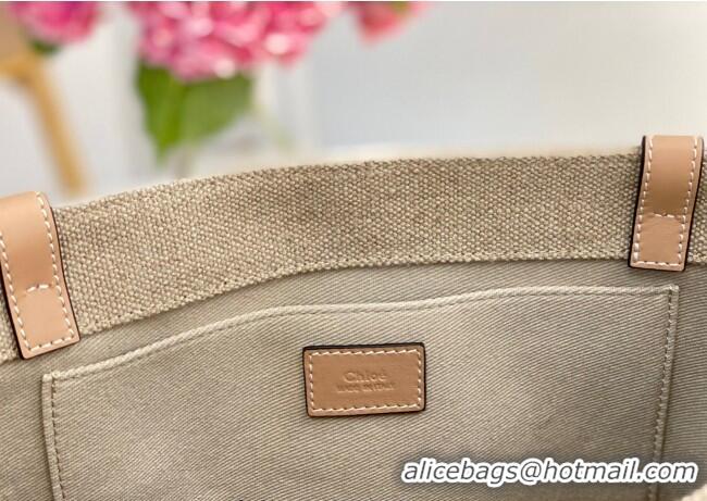 Luxury Cheap Chloe Medium Woody Tote Bag in Linen Canvas and Calfskin Leather 1120 Beige 2025