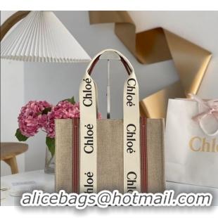 Top Design Chloe Medium Woody Tote Bag in Linen Canvas and Calfskin Leather 1120 Brown 2025