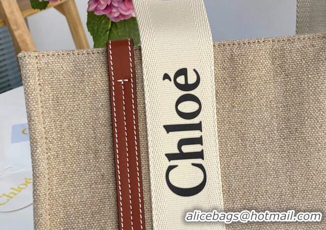 Top Design Chloe Medium Woody Tote Bag in Linen Canvas and Calfskin Leather 1120 Brown 2025