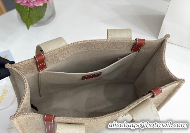Top Design Chloe Medium Woody Tote Bag in Linen Canvas and Calfskin Leather 1120 Brown 2025