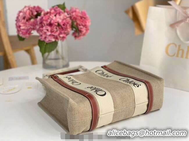 Top Design Chloe Medium Woody Tote Bag in Linen Canvas and Calfskin Leather 1120 Brown 2025
