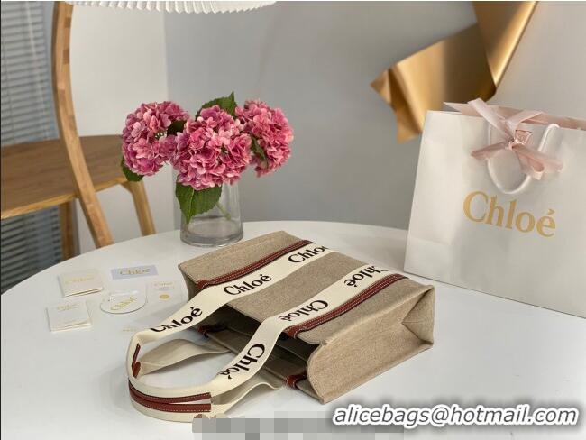 Top Design Chloe Medium Woody Tote Bag in Linen Canvas and Calfskin Leather 1120 Brown 2025