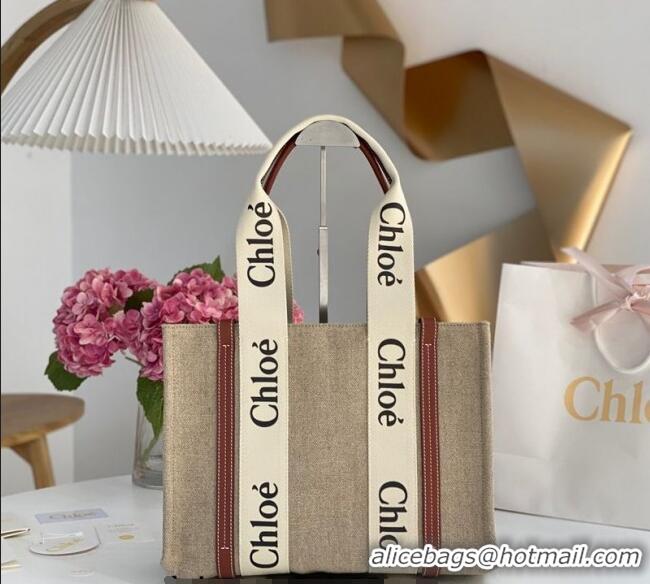 Top Design Chloe Medium Woody Tote Bag in Linen Canvas and Calfskin Leather 1120 Brown 2025