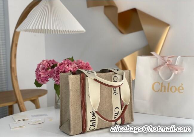 Top Design Chloe Medium Woody Tote Bag in Linen Canvas and Calfskin Leather 1120 Brown 2025