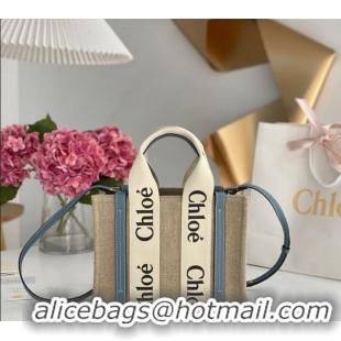 Low Cost Chloe Small Woody Tote Bag in Linen Canvas and Calfskin Leather 1120 Denim Blue 2025