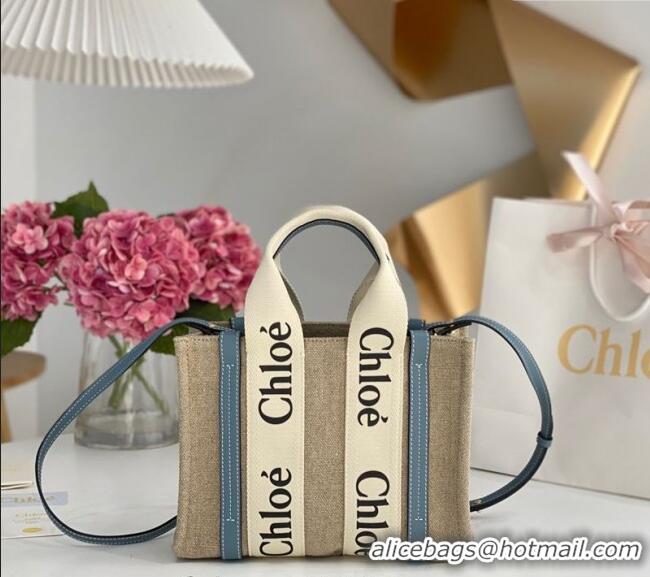 Low Cost Chloe Small Woody Tote Bag in Linen Canvas and Calfskin Leather 1120 Denim Blue 2025