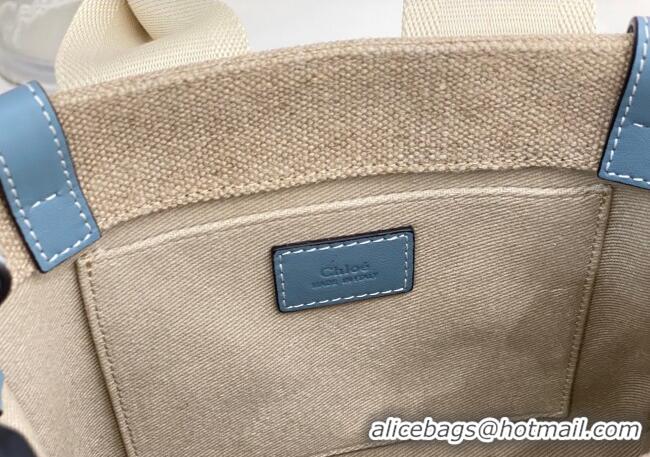 Low Cost Chloe Small Woody Tote Bag in Linen Canvas and Calfskin Leather 1120 Denim Blue 2025