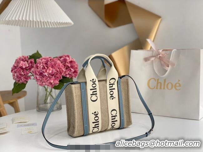 Low Cost Chloe Small Woody Tote Bag in Linen Canvas and Calfskin Leather 1120 Denim Blue 2025