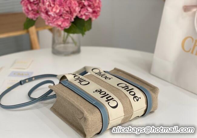 Low Cost Chloe Small Woody Tote Bag in Linen Canvas and Calfskin Leather 1120 Denim Blue 2025
