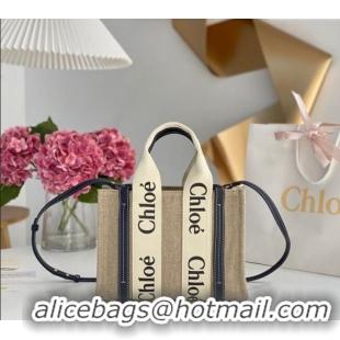 Top Grade Chloe Small Woody Tote Bag in Linen Canvas and Calfskin Leather 1120 Dark Blue 2025