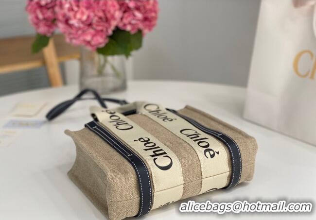 Top Grade Chloe Small Woody Tote Bag in Linen Canvas and Calfskin Leather 1120 Dark Blue 2025