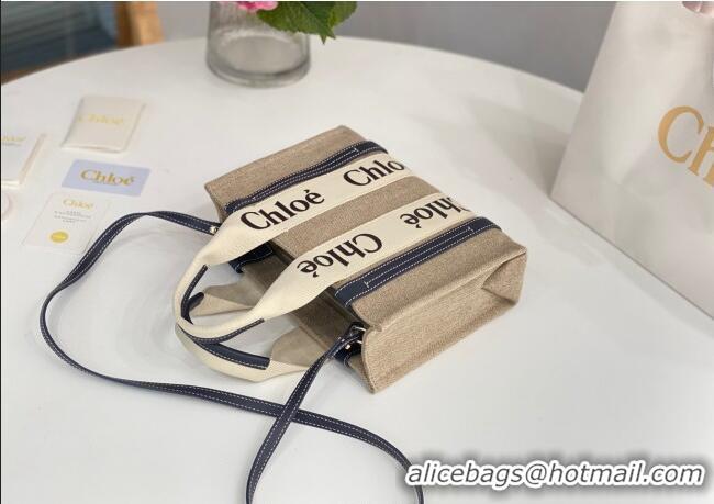 Top Grade Chloe Small Woody Tote Bag in Linen Canvas and Calfskin Leather 1120 Dark Blue 2025
