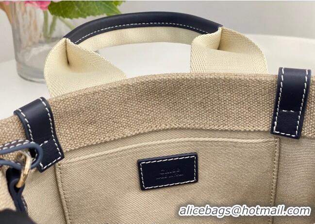 Top Grade Chloe Small Woody Tote Bag in Linen Canvas and Calfskin Leather 1120 Dark Blue 2025