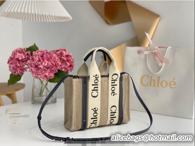 Top Grade Chloe Small Woody Tote Bag in Linen Canvas and Calfskin Leather 1120 Dark Blue 2025