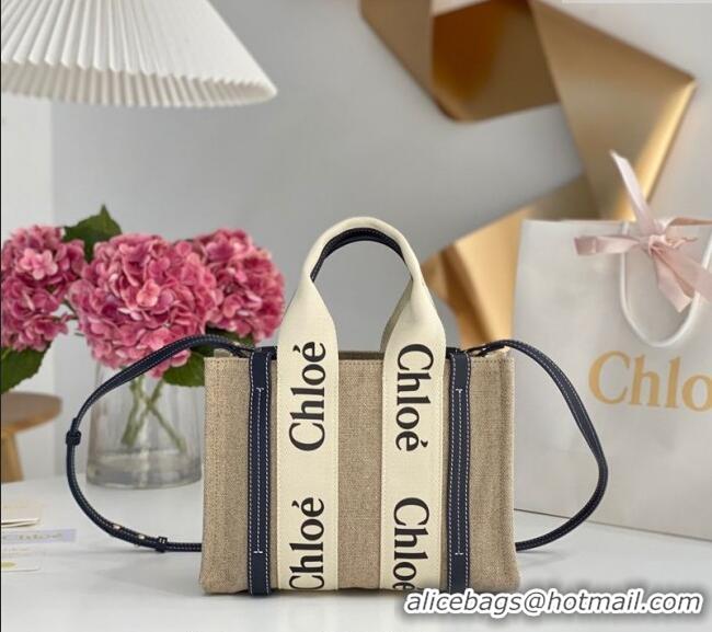Top Grade Chloe Small Woody Tote Bag in Linen Canvas and Calfskin Leather 1120 Dark Blue 2025