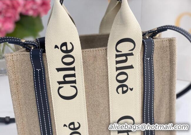 Top Grade Chloe Small Woody Tote Bag in Linen Canvas and Calfskin Leather 1120 Dark Blue 2025