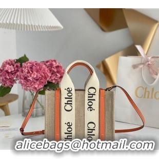 Luxury Discount Chloe Small Woody Tote Bag in Linen Canvas and Calfskin Leather 1120 Orange 2025
